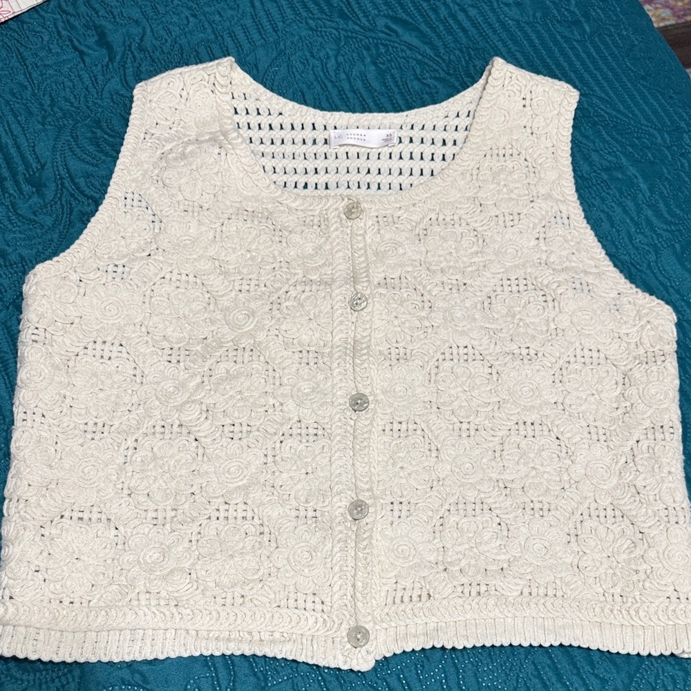LC Lauren Conrad Ivory Crochet Vest